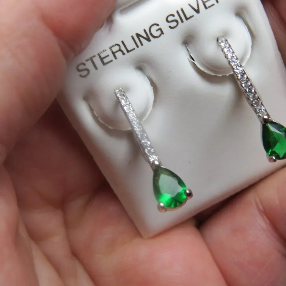 Sterling Silver Earring  lab created emerald Hand Crafted